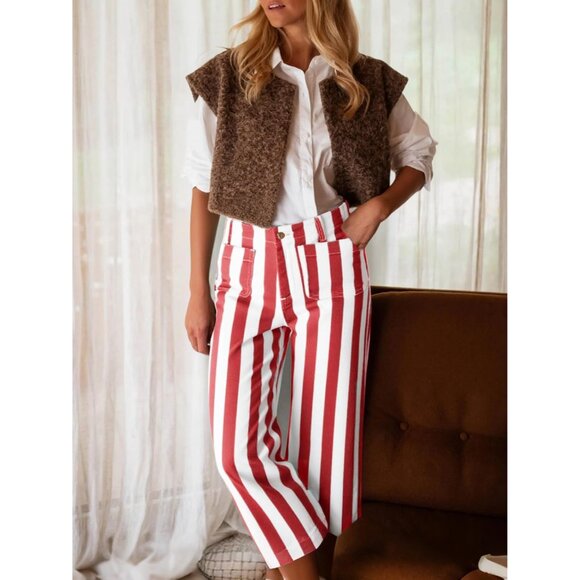 Womens Cropped Striped High Waisted Jeans Denim Pants with Pockets - Picture 3 of 6